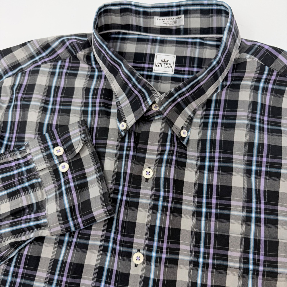 Peter Millar Mens XXL Plaid Button Down Shirt Black Purple Cotton Long Sleeve